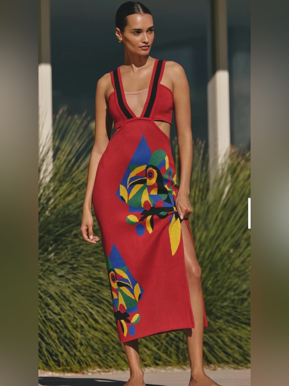 Red knit Parrot Cutout Midi Dress- NWT